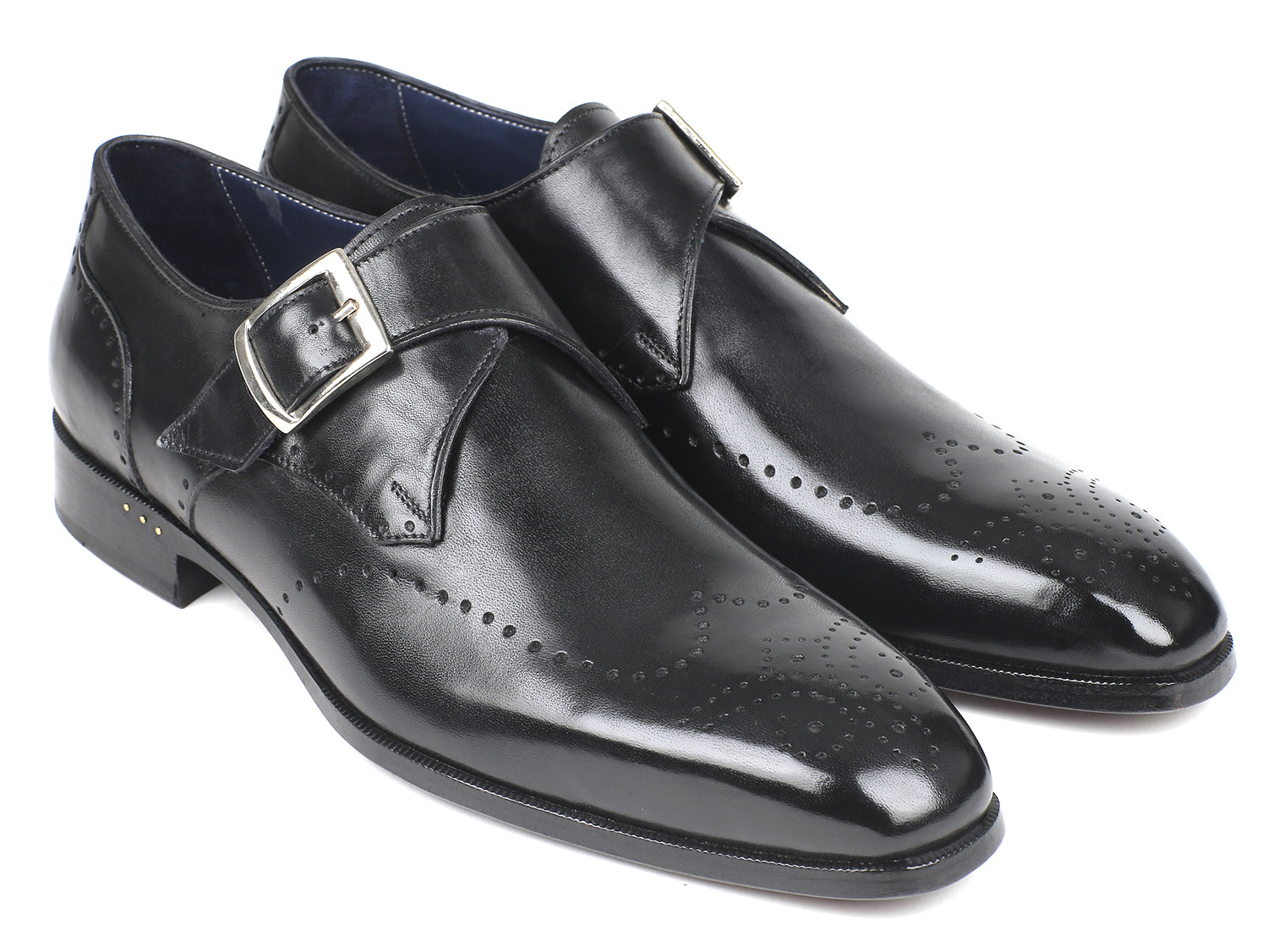 Paul Parkman Wingtip Single Monkstraps in black, showcasing hand-painted leather and antique purple sole.