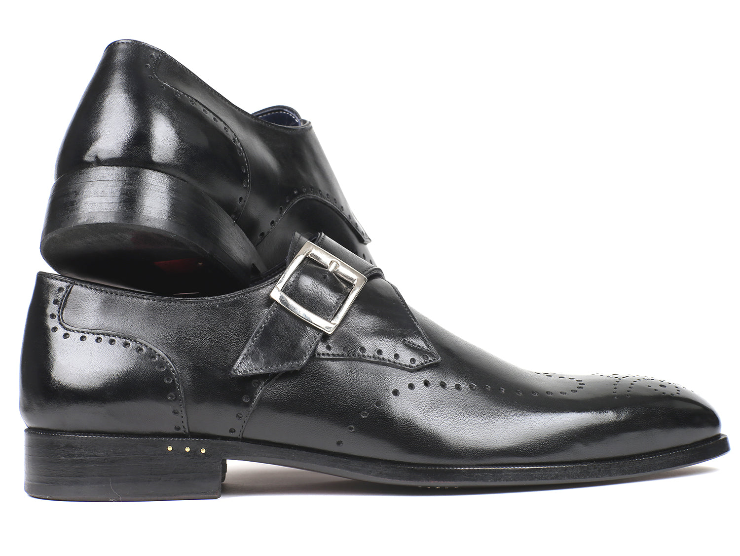 Paul Parkman Wingtip Single Monkstraps in black, showcasing hand-painted leather and antique purple sole.