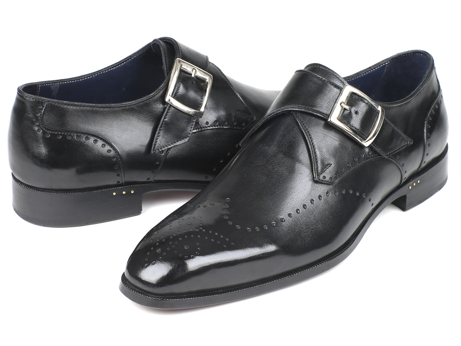 Paul Parkman Wingtip Single Monkstraps in black, showcasing hand-painted leather and antique purple sole.