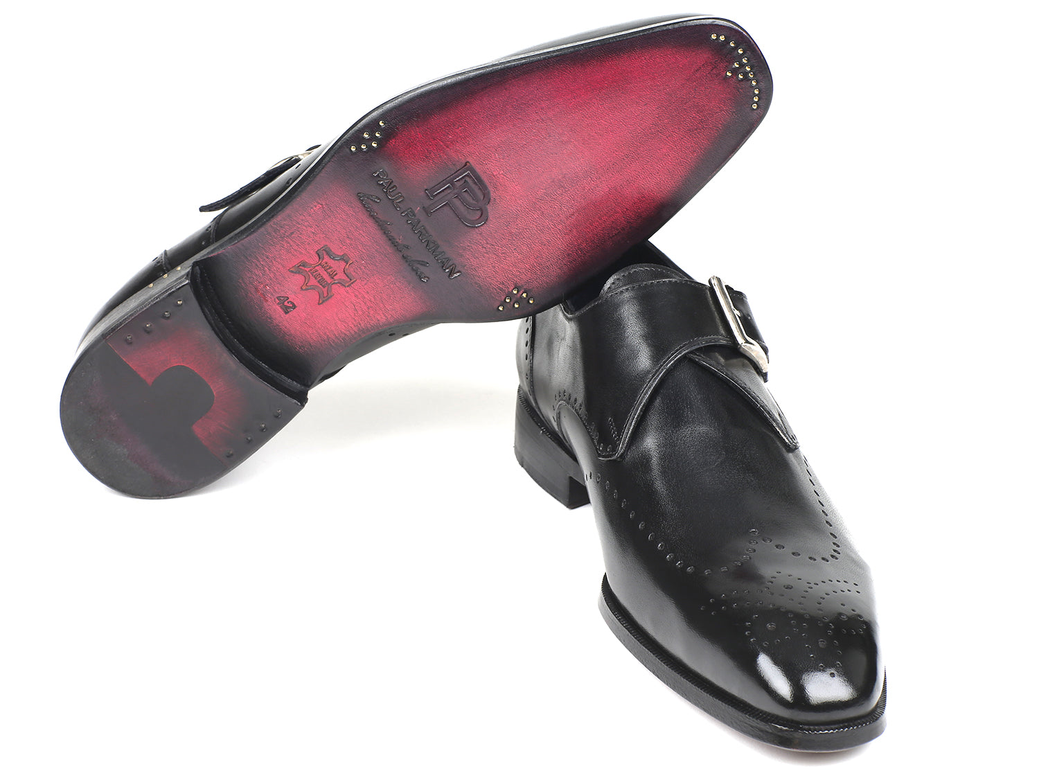 Paul Parkman Wingtip Single Monkstraps in black, showcasing hand-painted leather and antique purple sole.