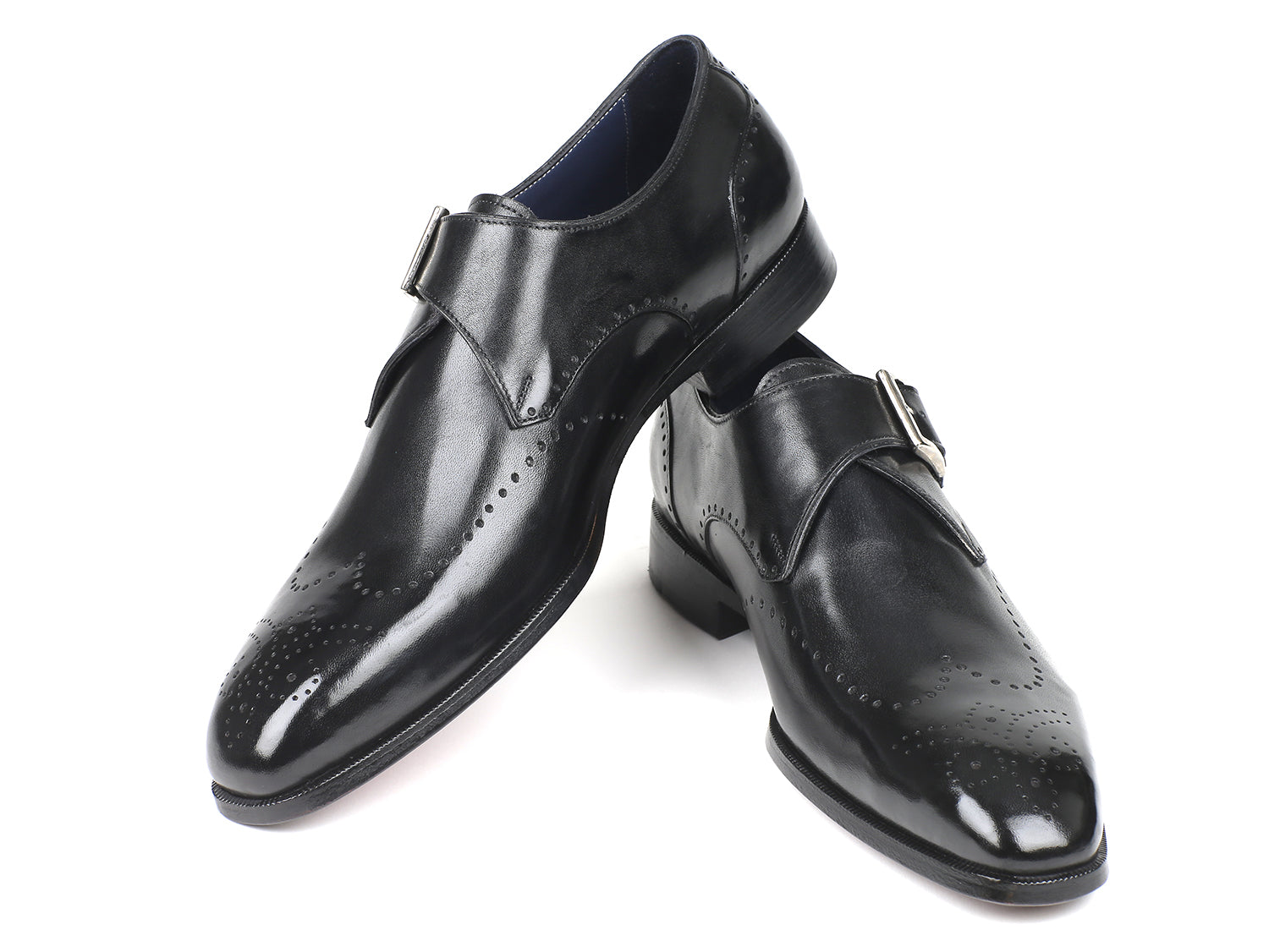 Paul Parkman Wingtip Single Monkstraps in black, showcasing hand-painted leather and antique purple sole.