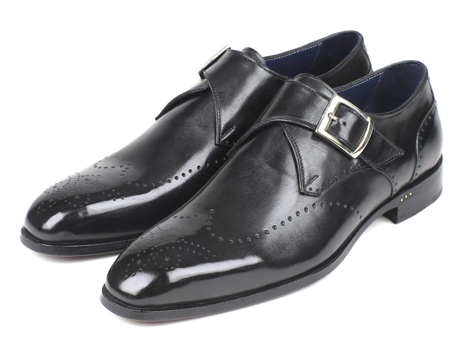 Paul Parkman Wingtip Single Monkstraps in black, showcasing hand-painted leather and antique purple sole.