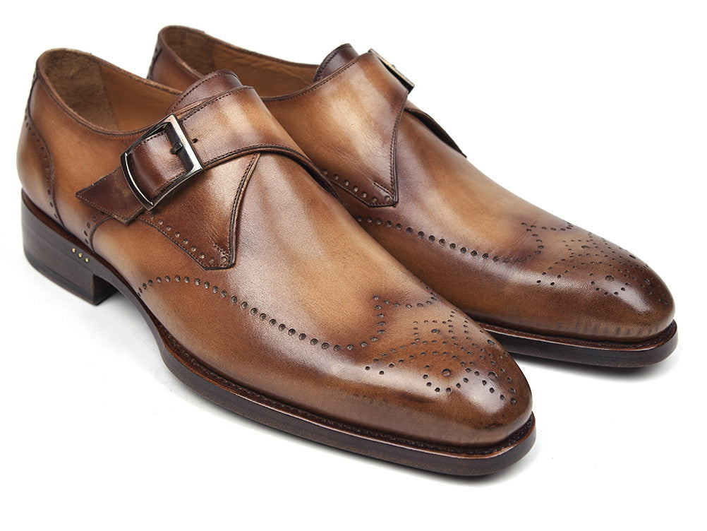 Paul Parkman Wingtip Single Monkstraps in Brown and Camel, showcasing handcrafted leather upper and antique finished sole.