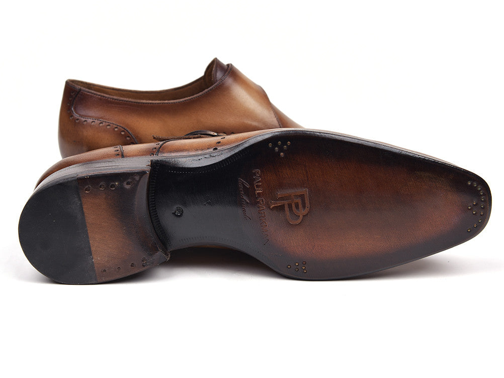 Paul Parkman Wingtip Single Monkstraps in Brown and Camel, showcasing handcrafted leather upper and antique finished sole.