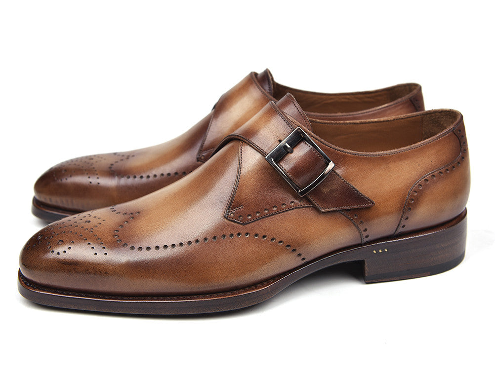 Paul Parkman Wingtip Single Monkstraps in Brown and Camel, showcasing handcrafted leather upper and antique finished sole.