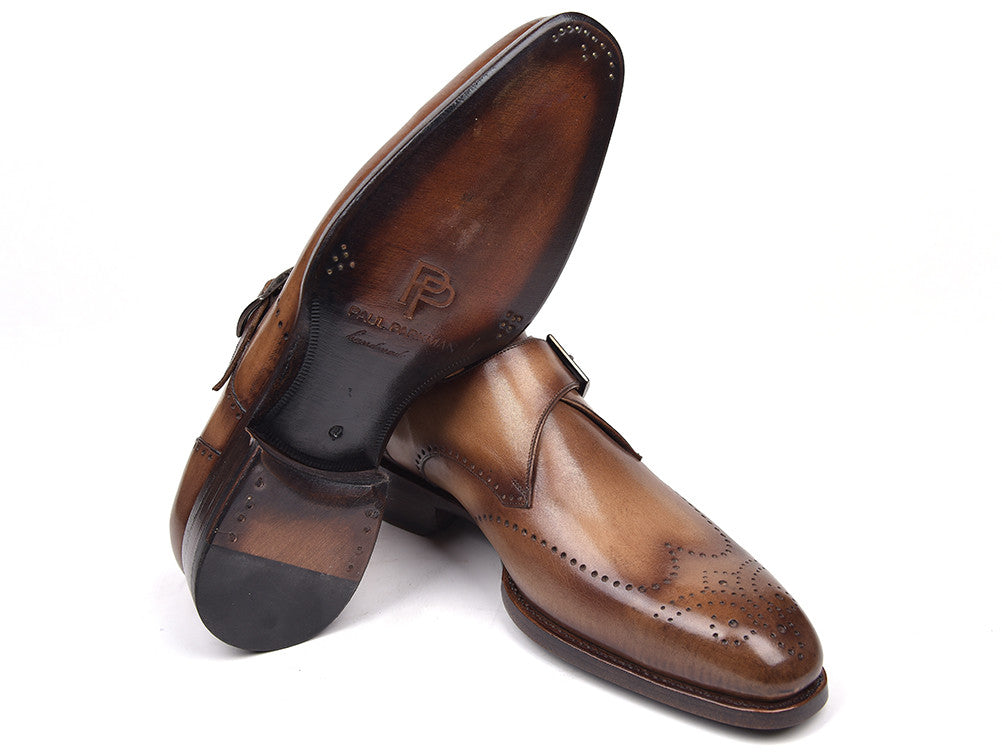 Paul Parkman Wingtip Single Monkstraps in Brown and Camel, showcasing handcrafted leather upper and antique finished sole.