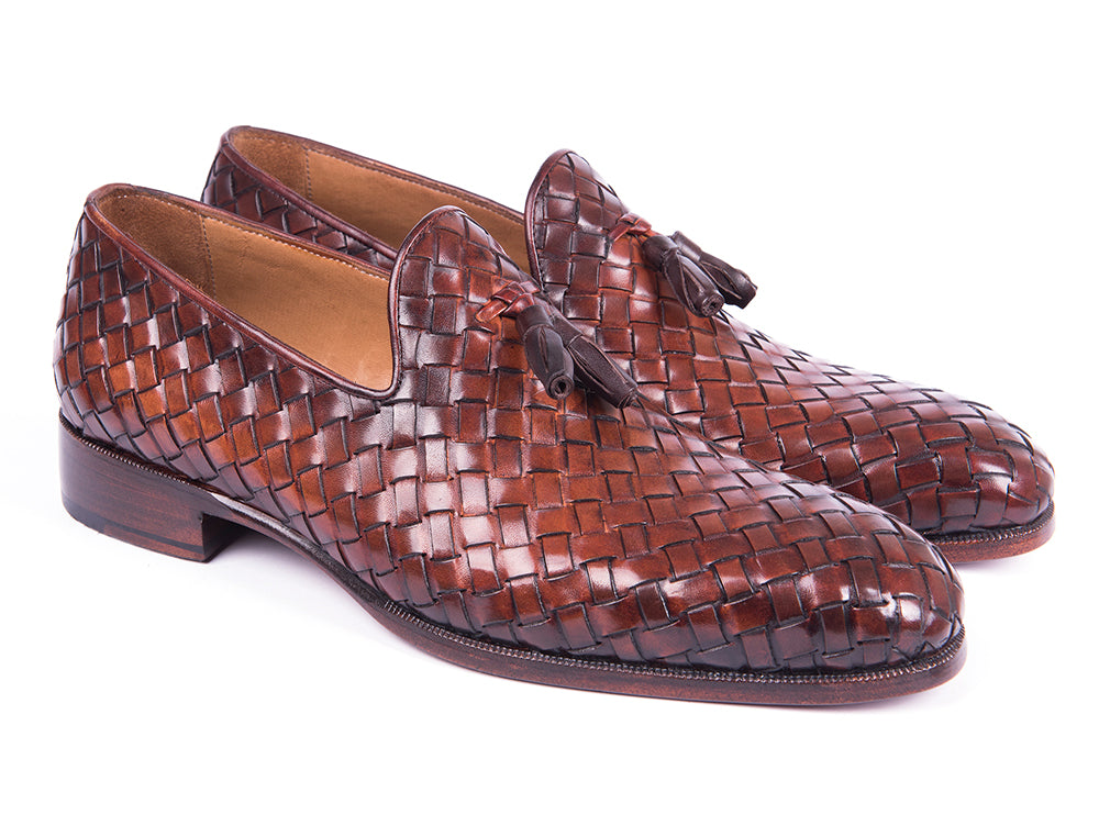 Paul Parkman Woven Leather Tassel Loafers in Brown, featuring a woven leather upper, tassel detail, and camel leather lining.