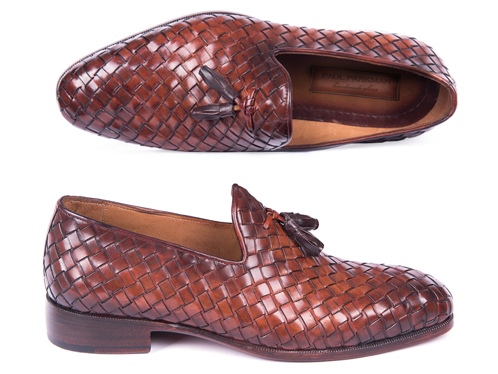 Paul Parkman Woven Leather Tassel Loafers in Brown, featuring a woven leather upper, tassel detail, and camel leather lining.