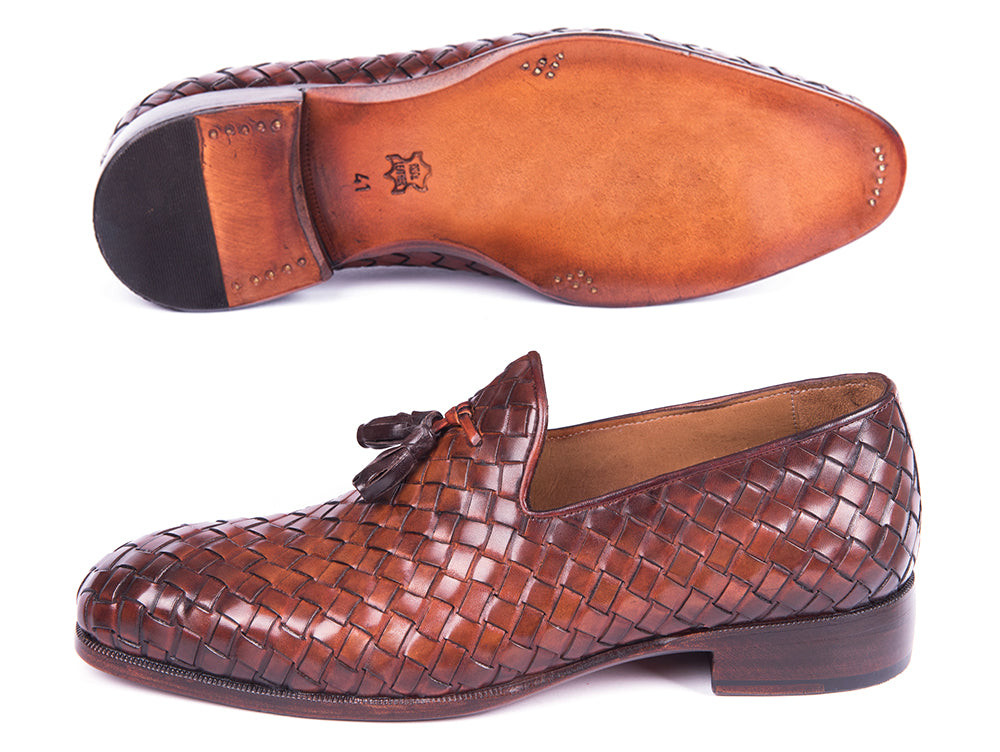 Paul Parkman Woven Leather Tassel Loafers in Brown, featuring a woven leather upper, tassel detail, and camel leather lining.