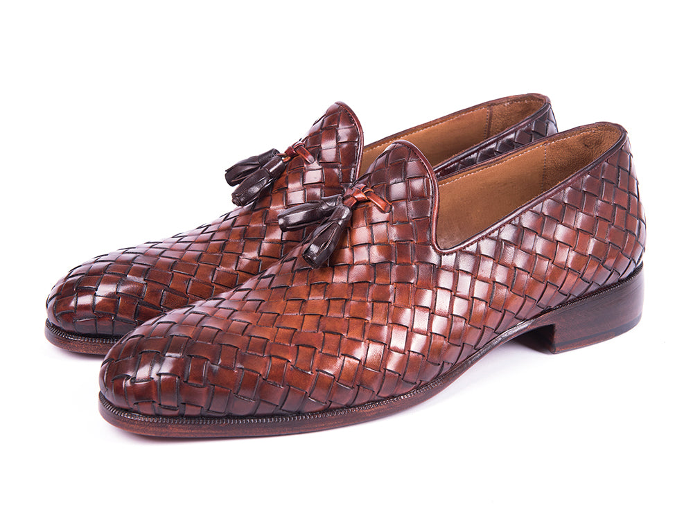 Paul Parkman Woven Leather Tassel Loafers in Brown, featuring a woven leather upper, tassel detail, and camel leather lining.