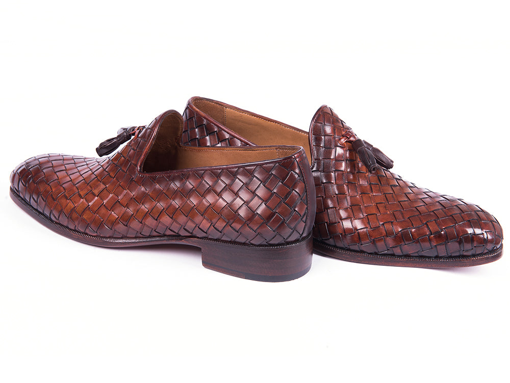 Paul Parkman Woven Leather Tassel Loafers in Brown, featuring a woven leather upper, tassel detail, and camel leather lining.