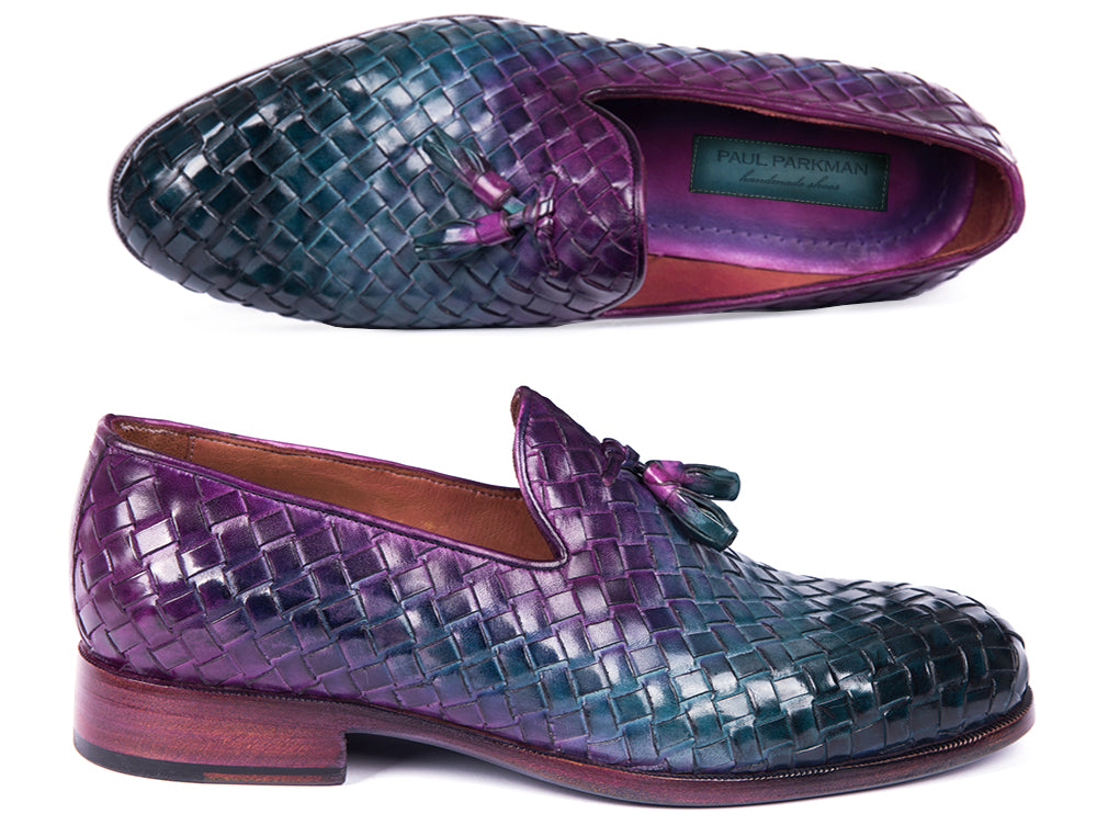 Paul Parkman Woven Leather Tassel Loafers in multicolor with a woven design, showcasing blue, turquoise, and purple hues.