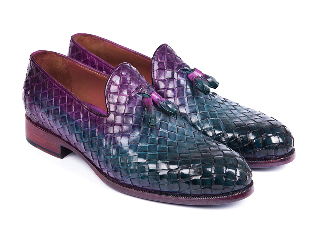 Paul Parkman Woven Leather Tassel Loafers in multicolor with a woven design, showcasing blue, turquoise, and purple hues.