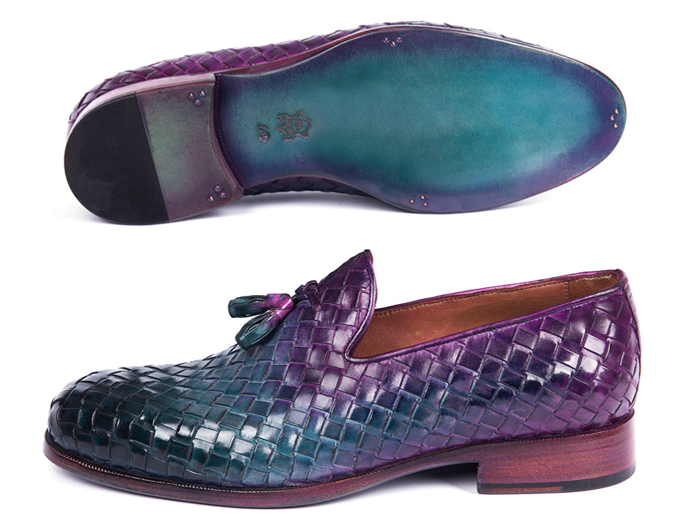 Paul Parkman Woven Leather Tassel Loafers in multicolor with a woven design, showcasing blue, turquoise, and purple hues.