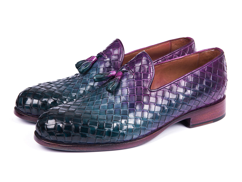 Paul Parkman Woven Leather Tassel Loafers in multicolor with a woven design, showcasing blue, turquoise, and purple hues.