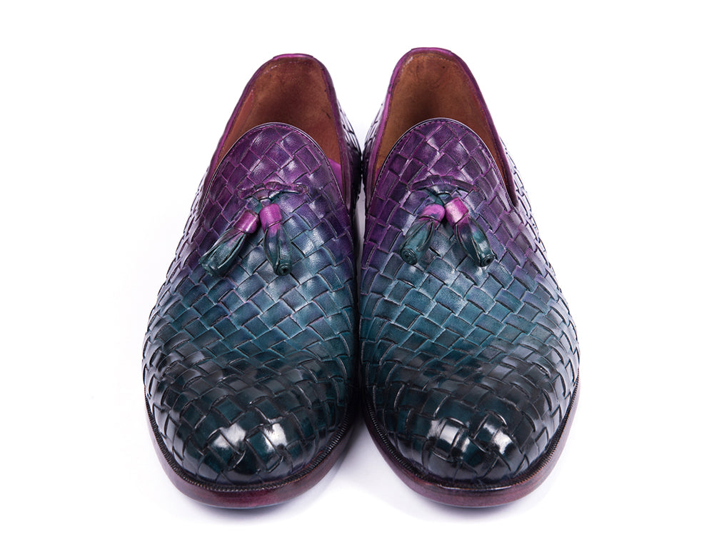 Paul Parkman Woven Leather Tassel Loafers in multicolor with a woven design, showcasing blue, turquoise, and purple hues.