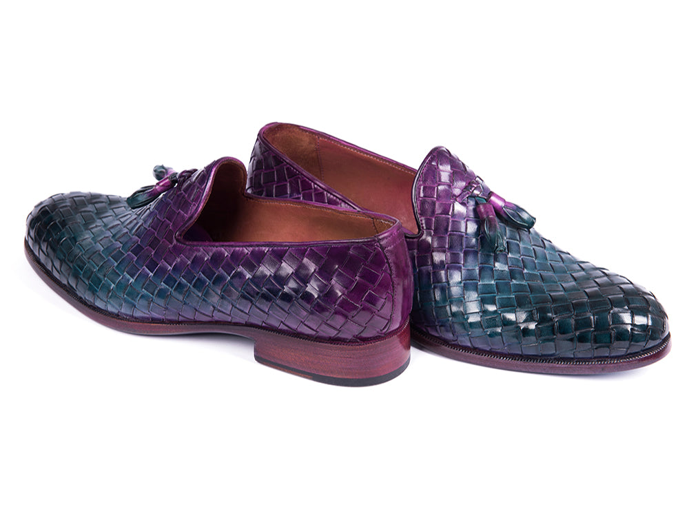 Paul Parkman Woven Leather Tassel Loafers in multicolor with a woven design, showcasing blue, turquoise, and purple hues.