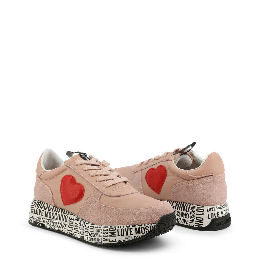 Stylish Pink Heart Sneakers by Love Moschino featuring a suede upper and rubber sole, perfect for casual wear.