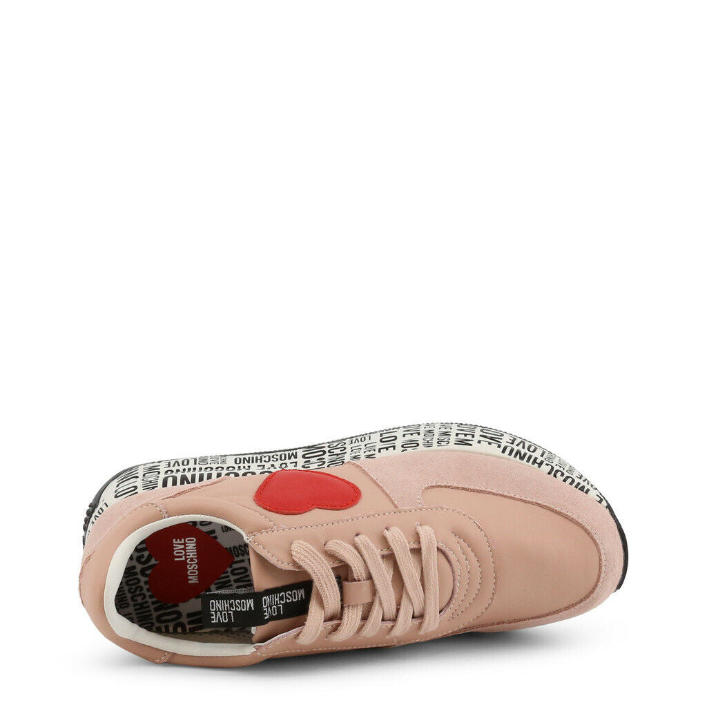 Stylish Pink Heart Sneakers by Love Moschino featuring a suede upper and rubber sole, perfect for casual wear.