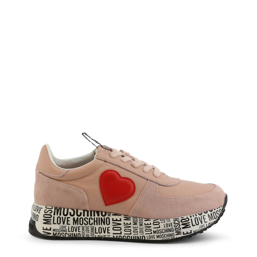 Stylish Pink Heart Sneakers by Love Moschino featuring a suede upper and rubber sole, perfect for casual wear.