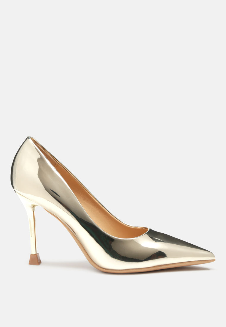 Poudre Metallic Patent Faux Leather Pumps showcasing a sleek metallic finish, high heel stilettos, and pointed toe design, perfect for elegant occasions.