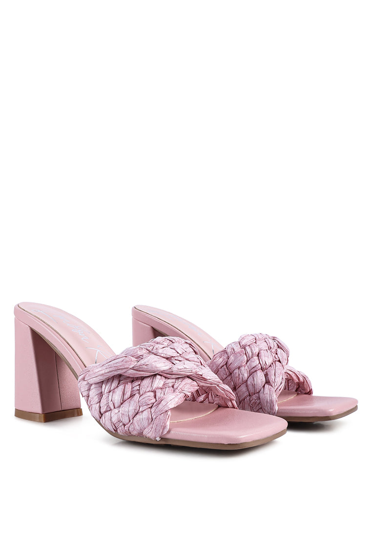 Pout Pro Braided Raffia Block Sandals featuring pink raffia straps and a mid heel block design, perfect for casual wear.