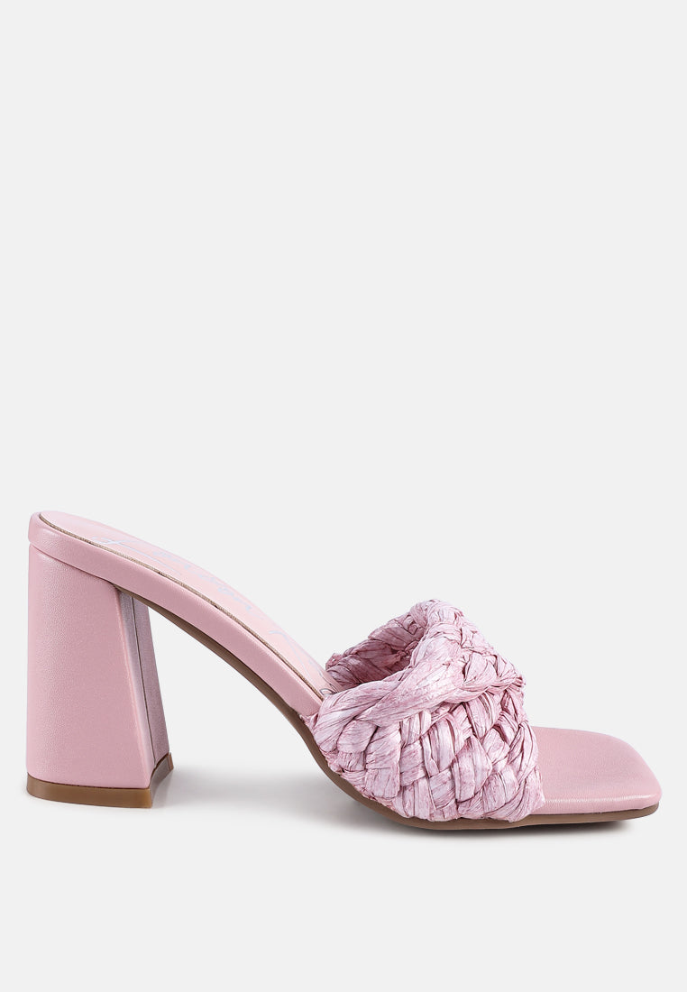 Pout Pro Braided Raffia Block Sandals featuring pink raffia straps and a mid heel block design, perfect for casual wear.