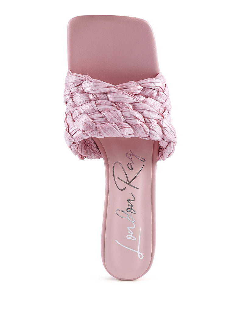 Pout Pro Braided Raffia Block Sandals featuring pink raffia straps and a mid heel block design, perfect for casual wear.