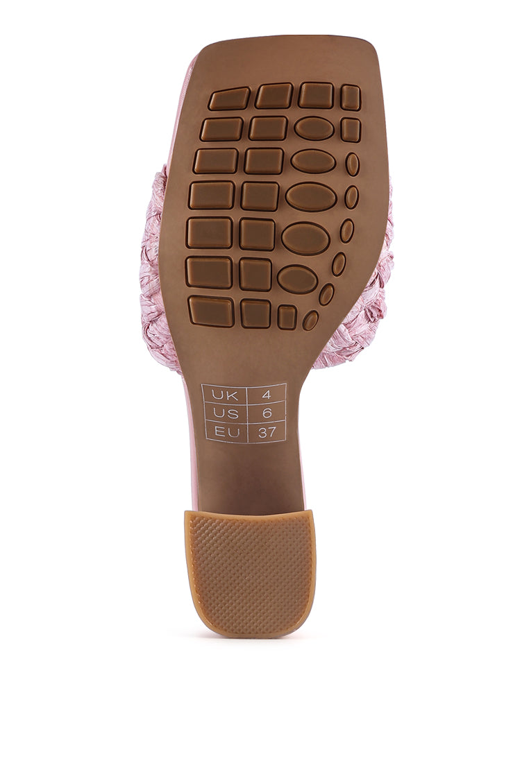 Pout Pro Braided Raffia Block Sandals featuring pink raffia straps and a mid heel block design, perfect for casual wear.