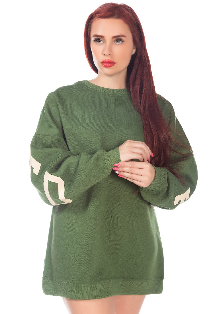 A cozy printed oversized sweatshirt featuring full sleeves and a crewneck design, perfect for casual wear and indoor gatherings.