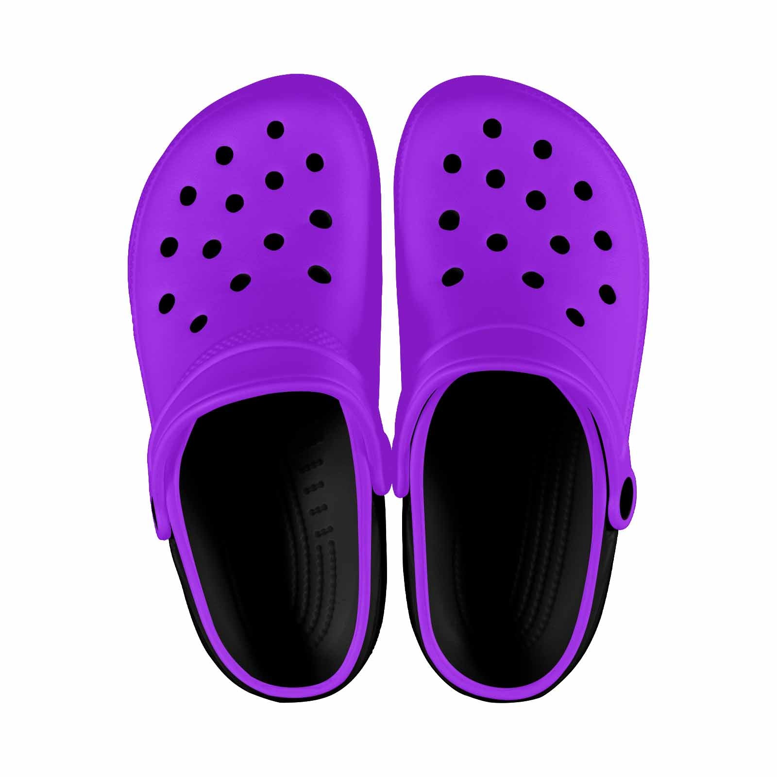 Purple adult clogs made from lightweight EVA material with ventilation ports and pivoting heel straps.