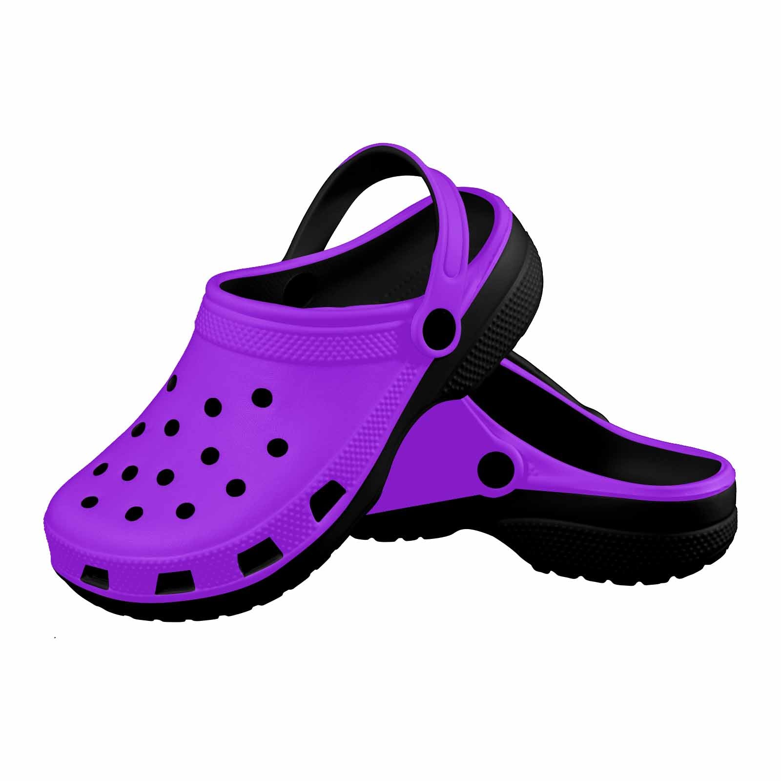 Purple adult clogs made from lightweight EVA material with ventilation ports and pivoting heel straps.