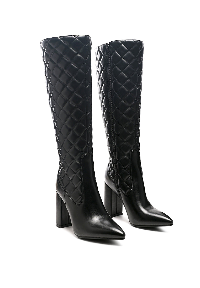 Stylish quilted calf boots with block heels and side zipper, perfect for autumn and winter wear.