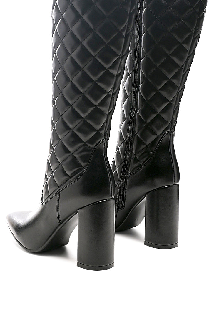 Stylish quilted calf boots with block heels and side zipper, perfect for autumn and winter wear.