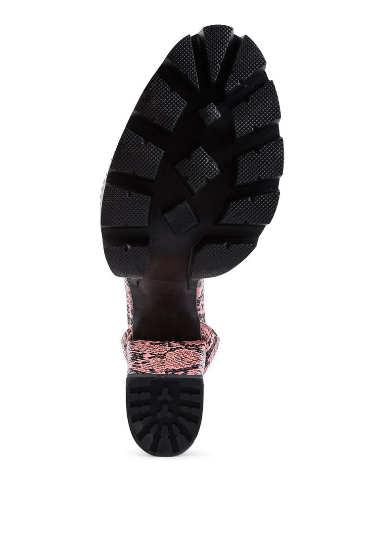 Rattle Snake Print Chunky High Block Heel Sandals featuring faux leather, chunky lug sole, and back zipper opening.