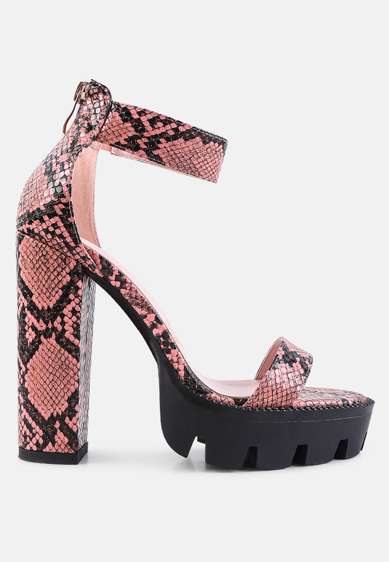 Rattle Snake Print Chunky High Block Heel Sandals featuring faux leather, chunky lug sole, and back zipper opening.