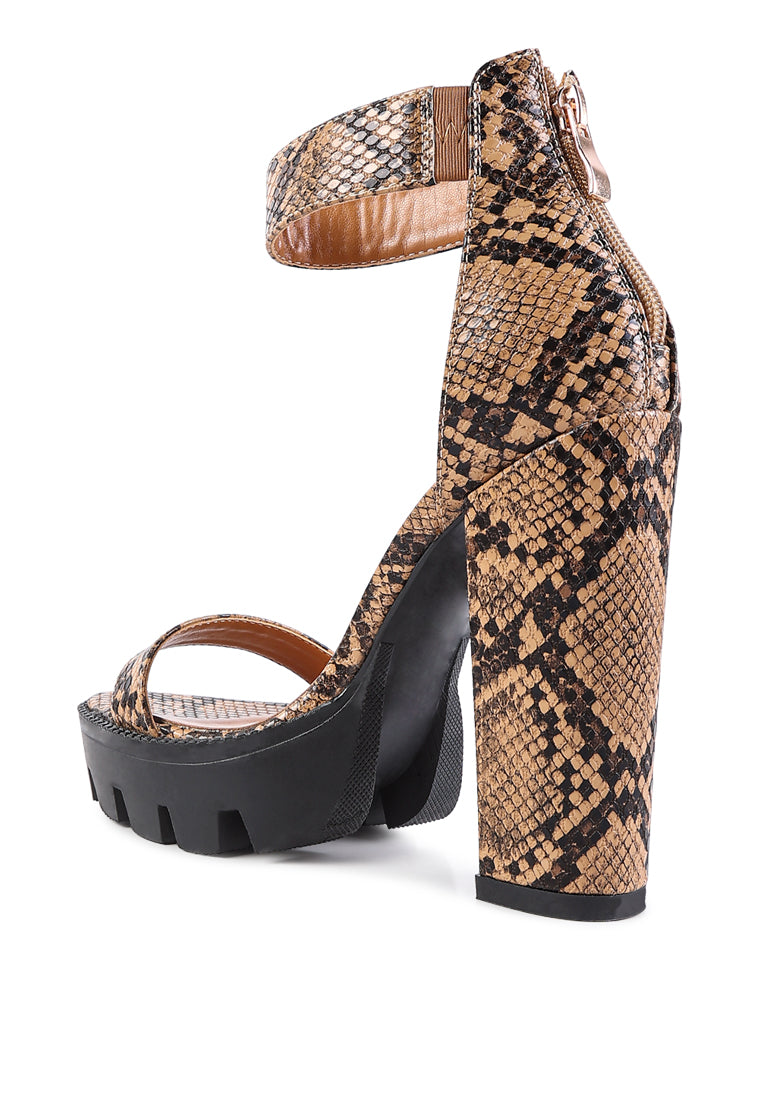 Rattle Snake Print Chunky High Block Heel Sandals featuring faux leather, chunky lug sole, and back zipper opening.