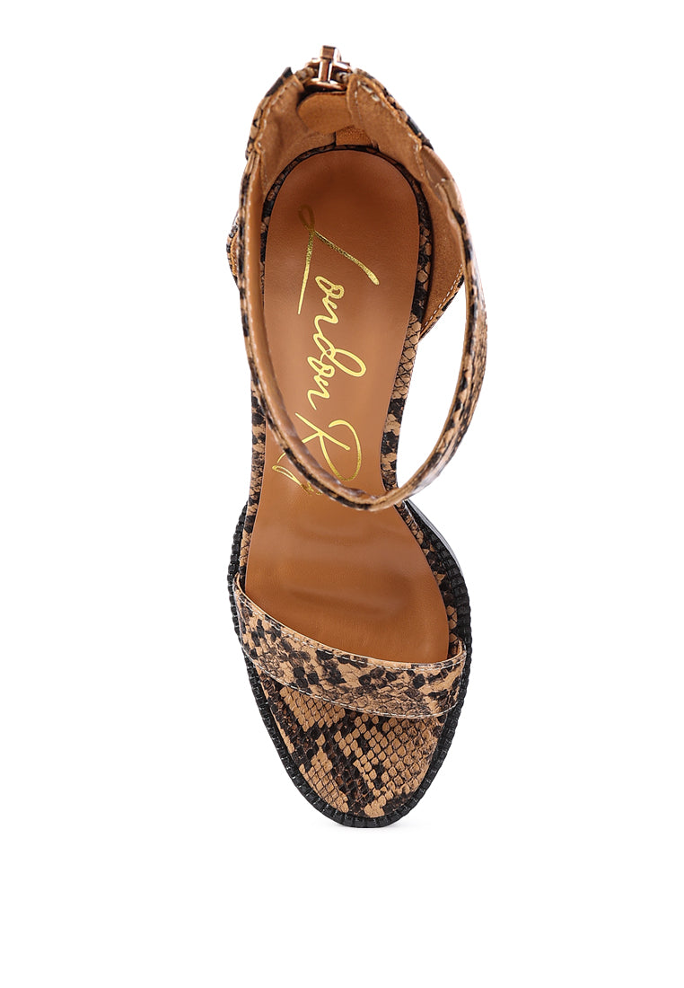 Rattle Snake Print Chunky High Block Heel Sandals featuring faux leather, chunky lug sole, and back zipper opening.