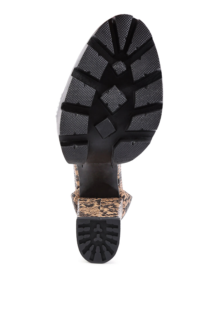 Rattle Snake Print Chunky High Block Heel Sandals featuring faux leather, chunky lug sole, and back zipper opening.