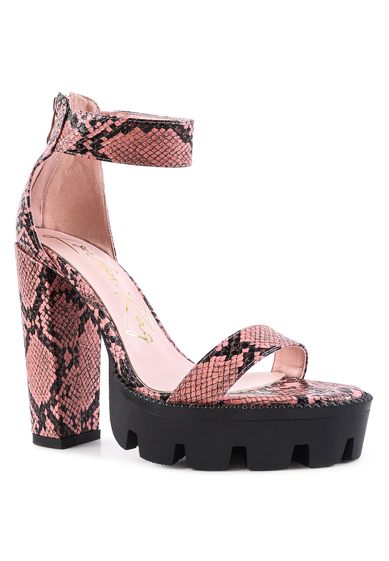 Rattle Snake Print Chunky High Block Heel Sandals featuring faux leather, chunky lug sole, and back zipper opening.