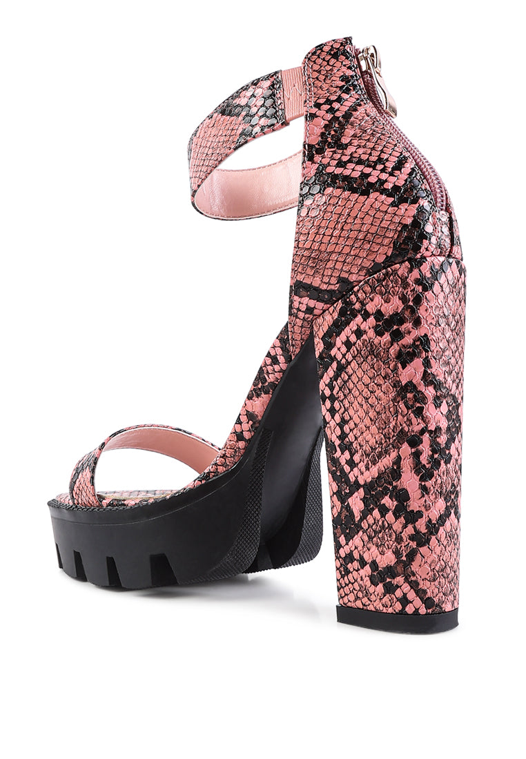 Rattle Snake Print Chunky High Block Heel Sandals featuring faux leather, chunky lug sole, and back zipper opening.