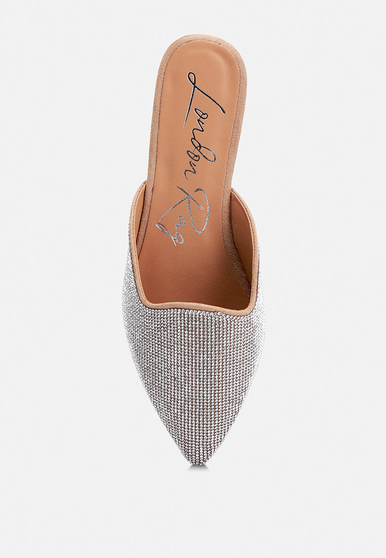 Rayen Rhinestones Embellished Mules featuring a micro suede upper and sparkling rhinestone details, perfect for stylish comfort.