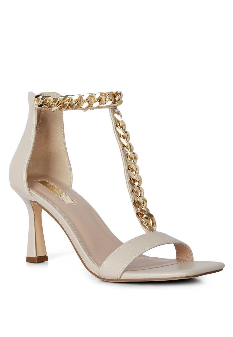 Real Gem T Strap Chain Detail Sandals featuring a trendy T strap design with metal chain embellishments and a mid heel.