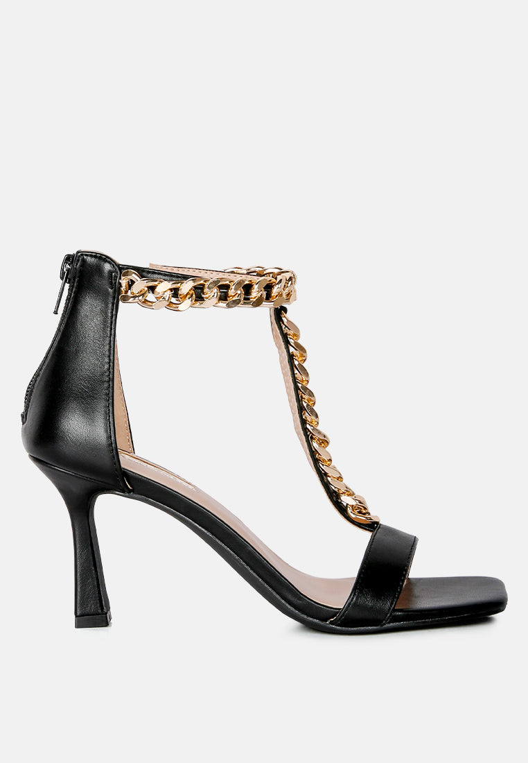 Real Gem T Strap Chain Detail Sandals featuring a trendy T strap design with metal chain embellishments and a mid heel.