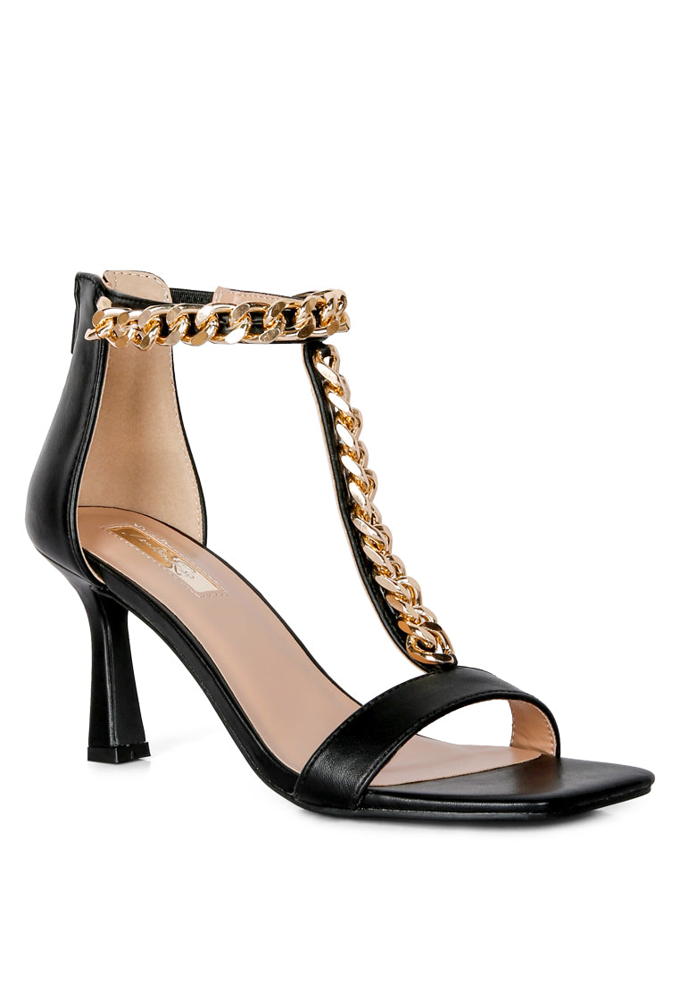 Real Gem T Strap Chain Detail Sandals featuring a trendy T strap design with metal chain embellishments and a mid heel.