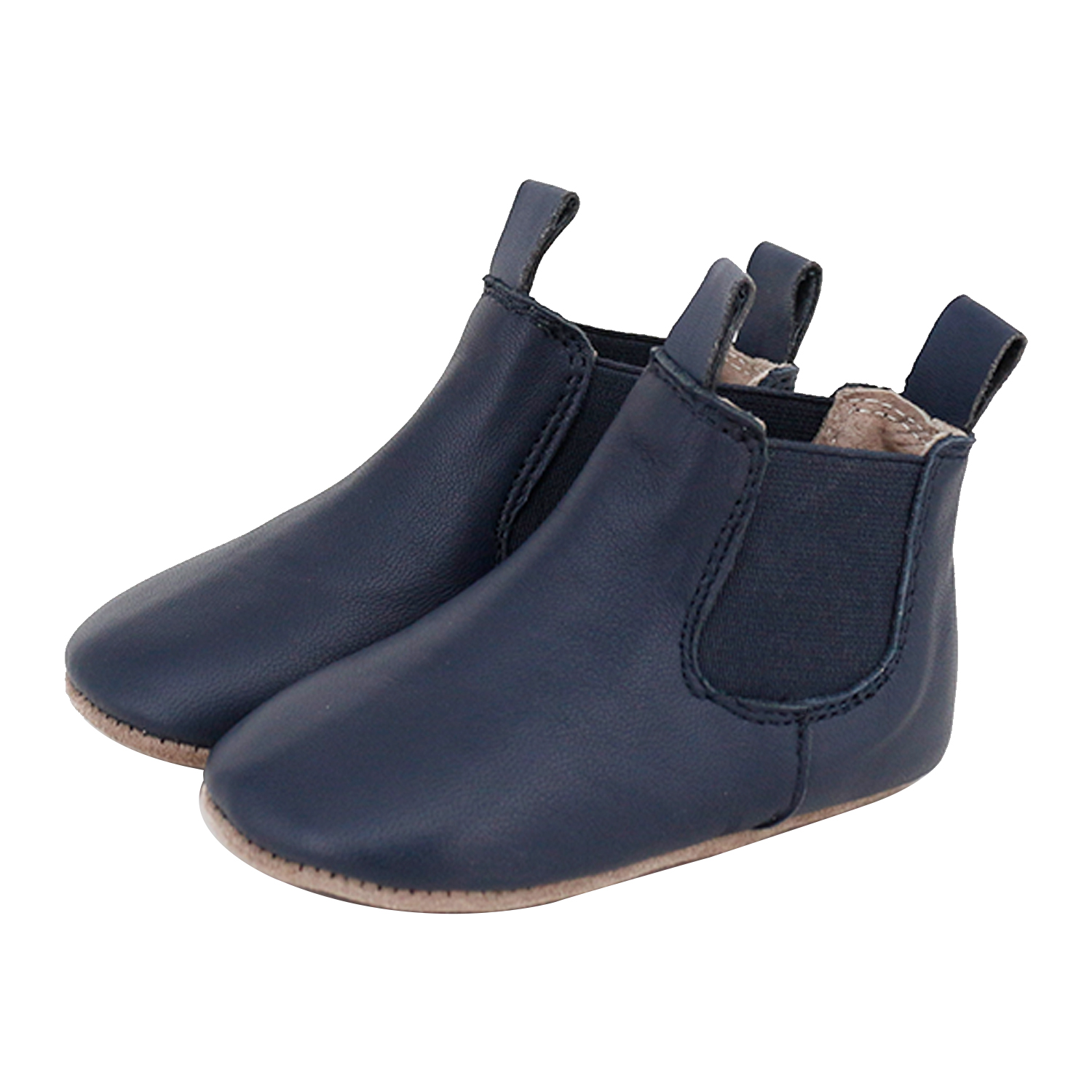 Navy blue SKEANIE pre-walker boots for babies and toddlers, made from soft leather with elastic sides and textured soles.