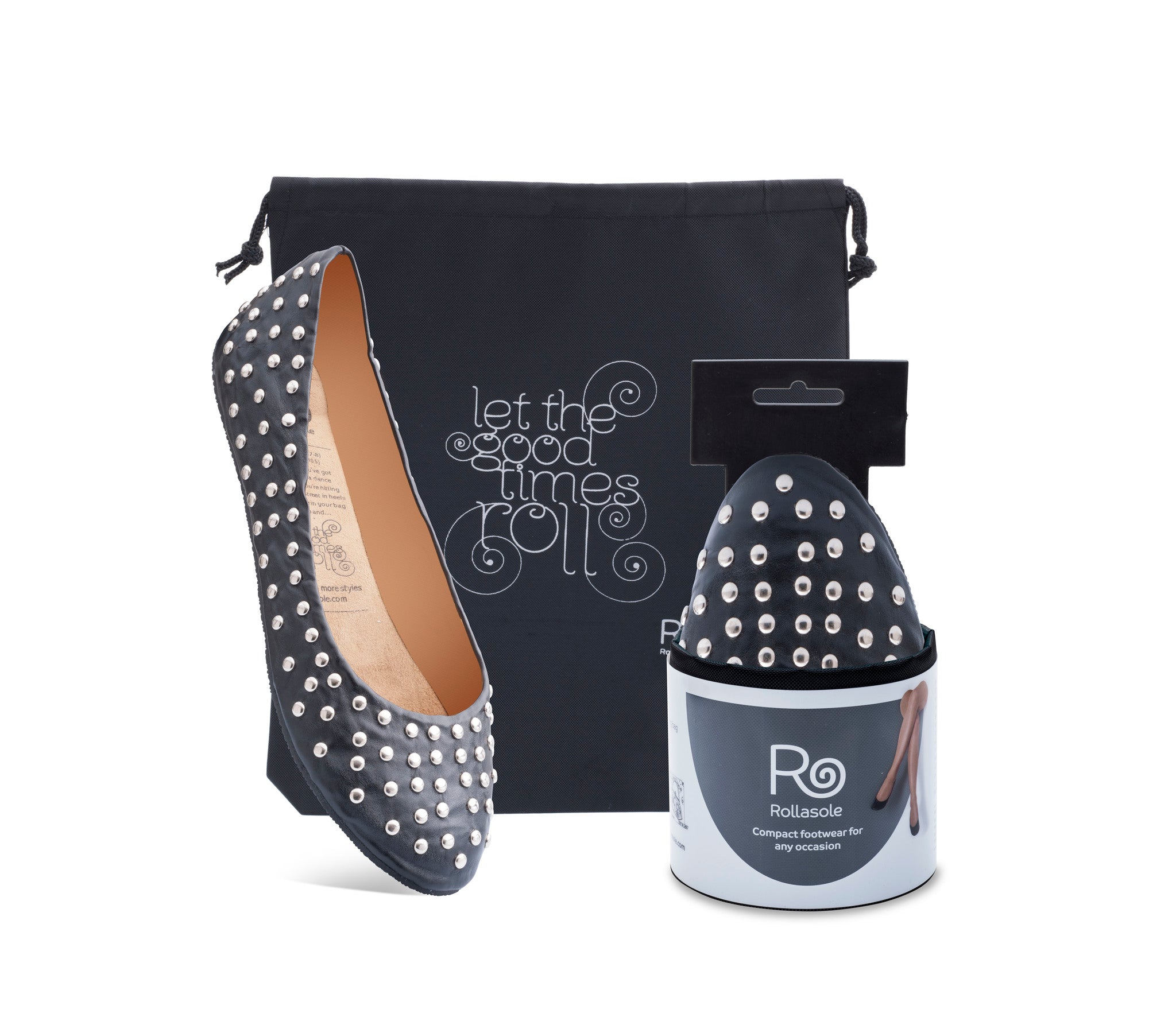 A pair of stylish black studded deluxe Rollasoles in a high heel carry bag, showcasing their chic design and practicality.