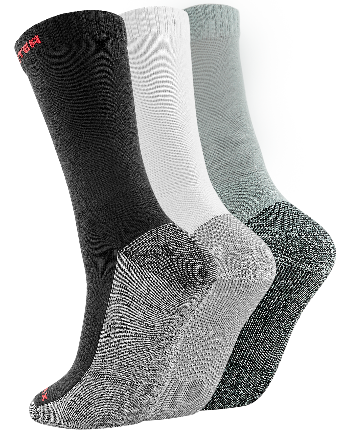 RockRooster CoolMax Men's Moisture Control Durable Work Crew Socks in three colors: white, black, and grey, showcasing their breathable and comfortable design.