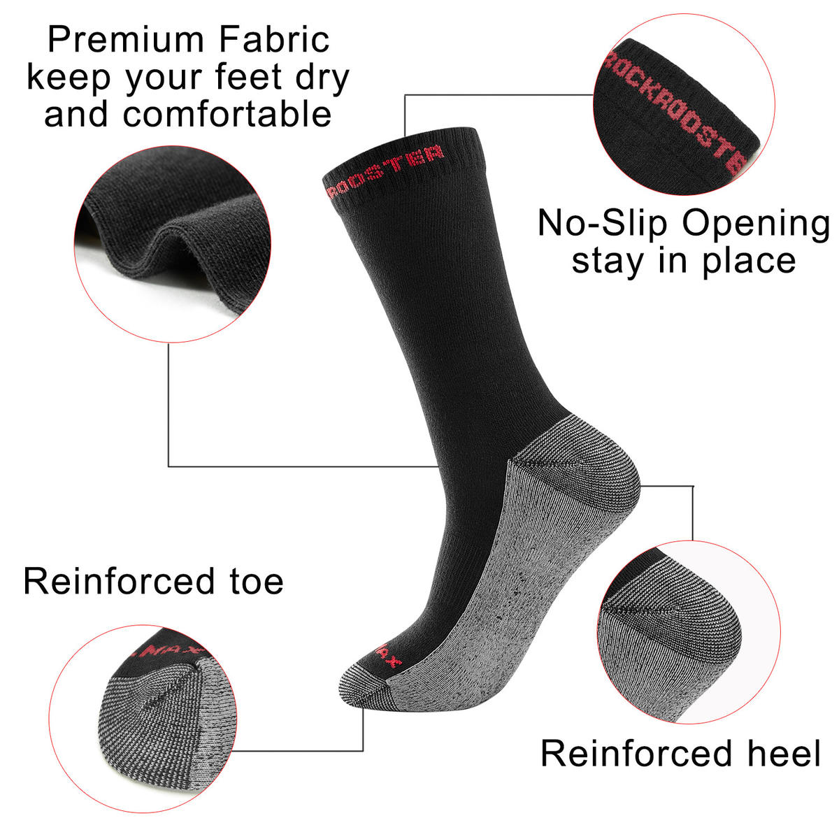 RockRooster CoolMax Men's Moisture Control Durable Work Crew Socks in three colors: white, black, and grey, showcasing their breathable and comfortable design.