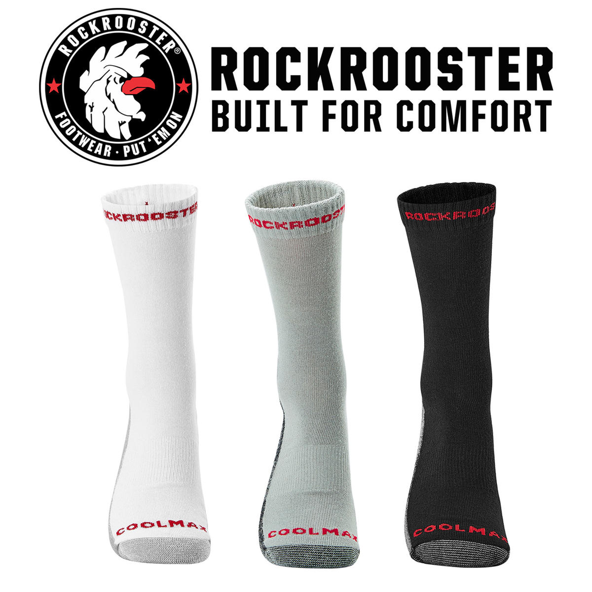 RockRooster CoolMax Men's Moisture Control Durable Work Crew Socks in three colors: white, black, and grey, showcasing their breathable and comfortable design.